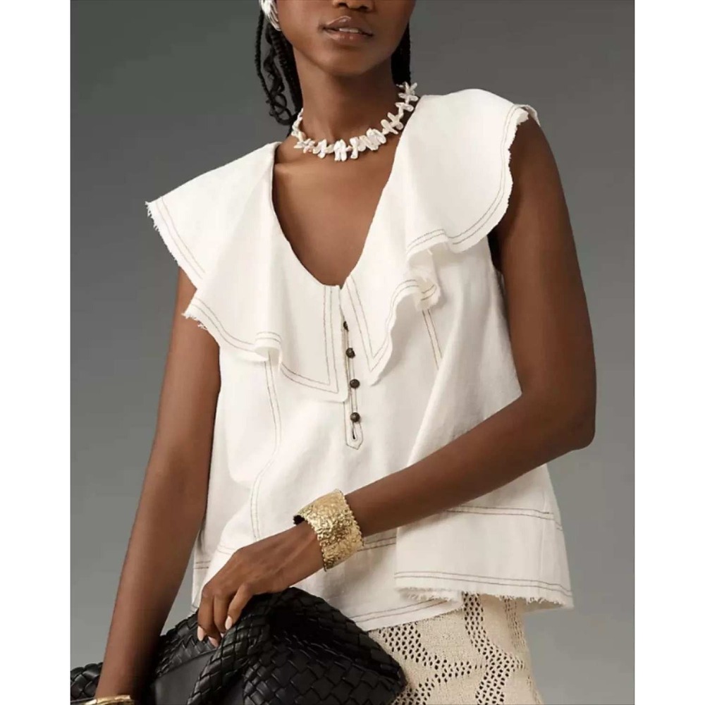 Pilcro Anthropologie White Denim Ruffle Collar Blouse Top XS Cotton Linen Blend